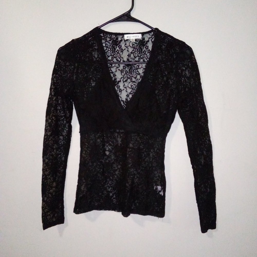 Wild Honey Black See-Through Long Sleeve Shirt, S